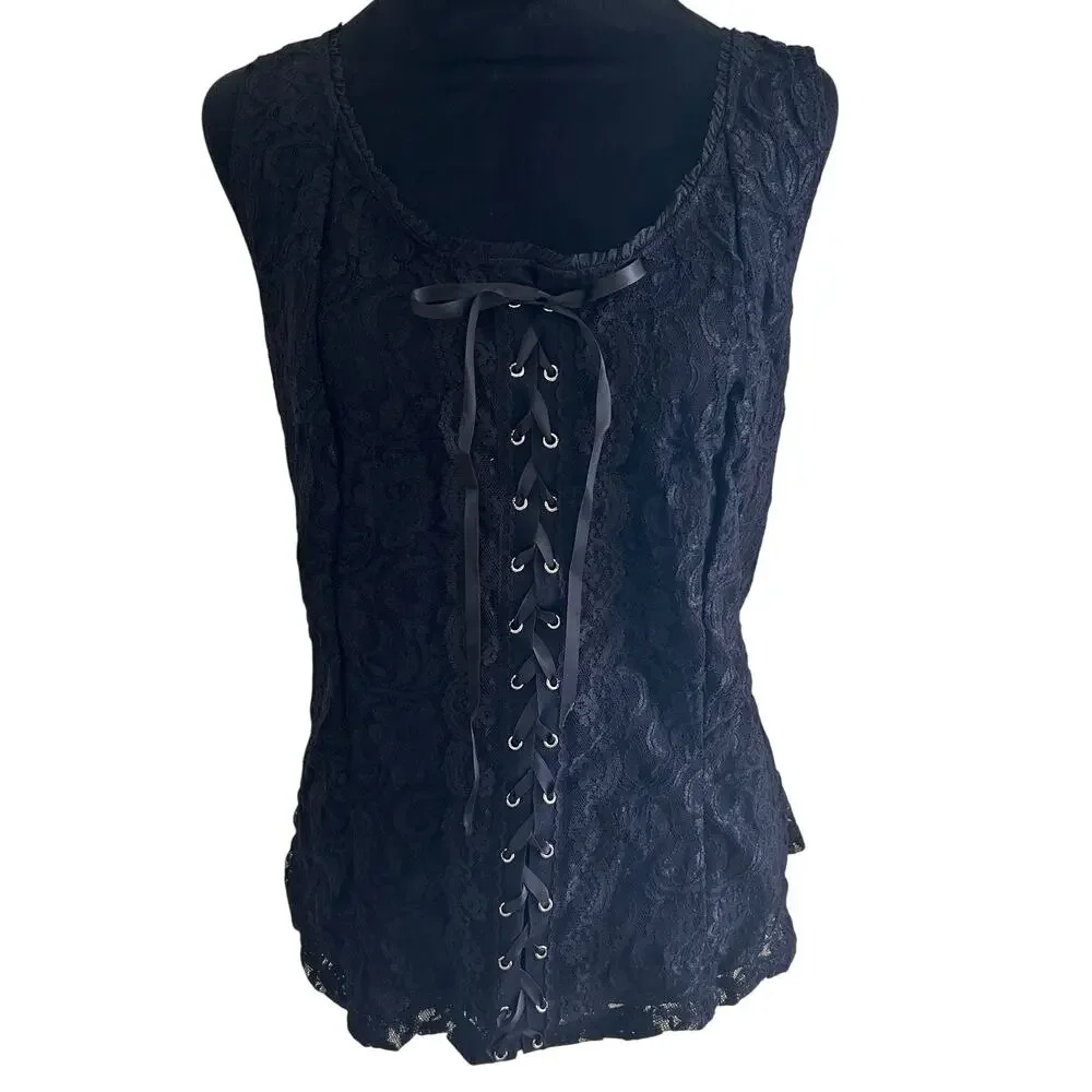 Black Lace Corset Tank Top 22W Lace Up Bustier Stretch Goth Y2K Whimsigoth - Picture 2 of 7